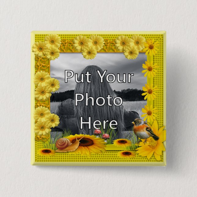 Sunshine Yellow Sunflower Photo Frame Button (Front)