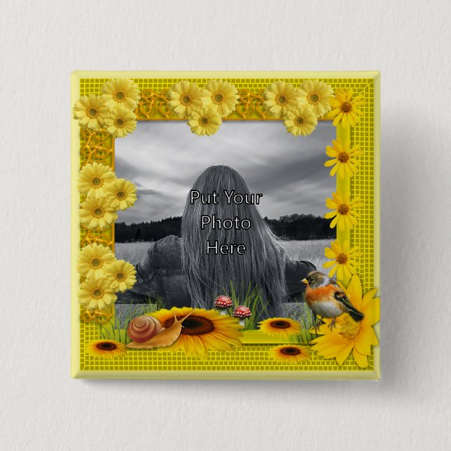 Sunshine Yellow Sunflower Photo Frame Button (Front)