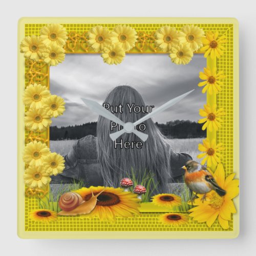 Sunshine Yellow Sunflower Photo Frame Square Wall Clock