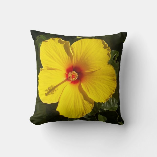 Sunshine Yellow Tropical Hibiscus Flower Throw Pillow (Front)