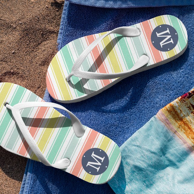 Sunwashed Neon Summer Cabana Stripe Monogram Flip Flops (Creator Uploaded)