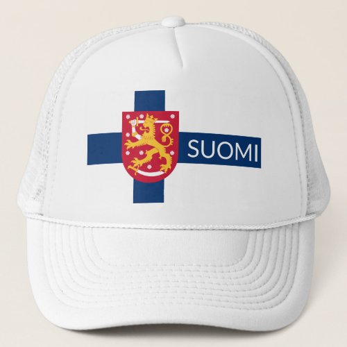Suomi Flag with superimposed coat of arms Trucker Hat