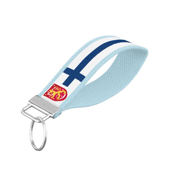 Suomi Flag with superimposed coat of arms Wrist Keychain (Angled Down)