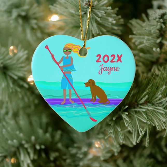 SUP Girl Dog Paddleboarding Christmas Ceramic Ornament (Tree)