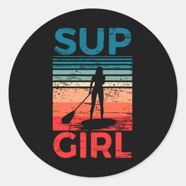 SUP Girl Stand Up Paddling Surf Board Surfing Classic Round Sticker (Front)