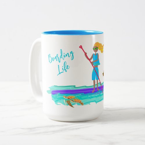 SUP Illustrated Paddleboarding With Dog Two_Tone Coffee Mug