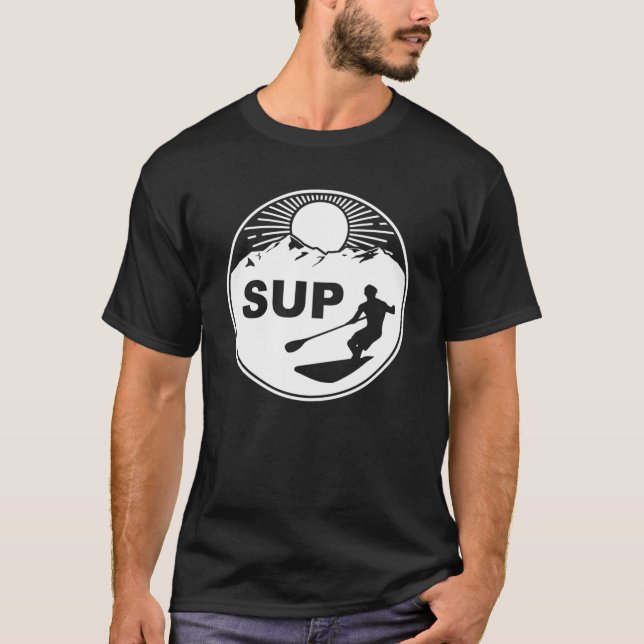 SUP Paddle Board with Sunset and Mountains T-Shirt (Front)