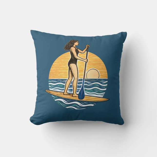 SUP Sunset Paddleboard | Blue Coastal Life Graphic Throw Pillow (Front)