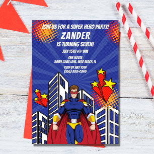 Supehero Skyline Boy Birthday Party Invitation