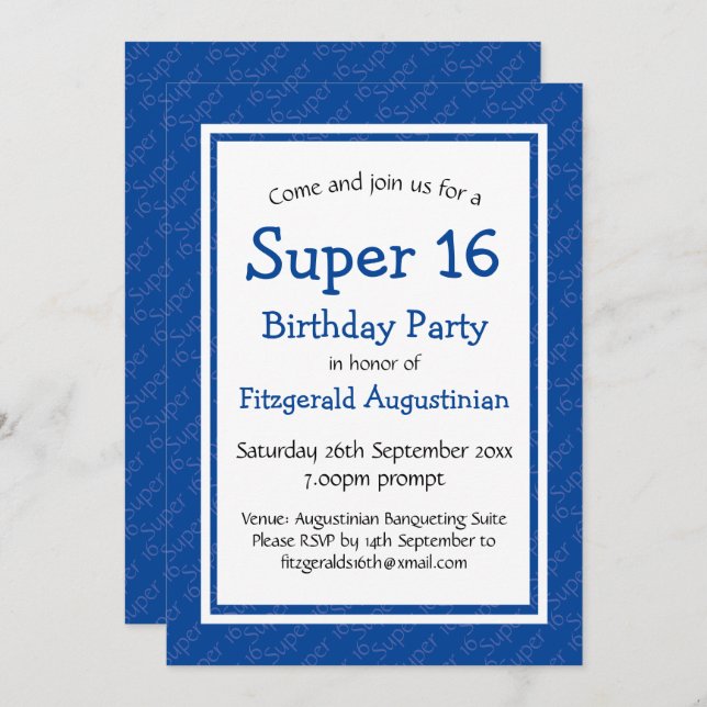 SUPER 16 Sixteenth Birthday Personalized BLUE Invitation (Front/Back)
