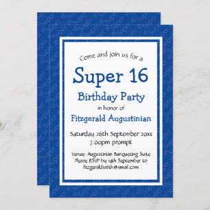 SUPER 16 Sixteenth Birthday Personalized BLUE Invitation