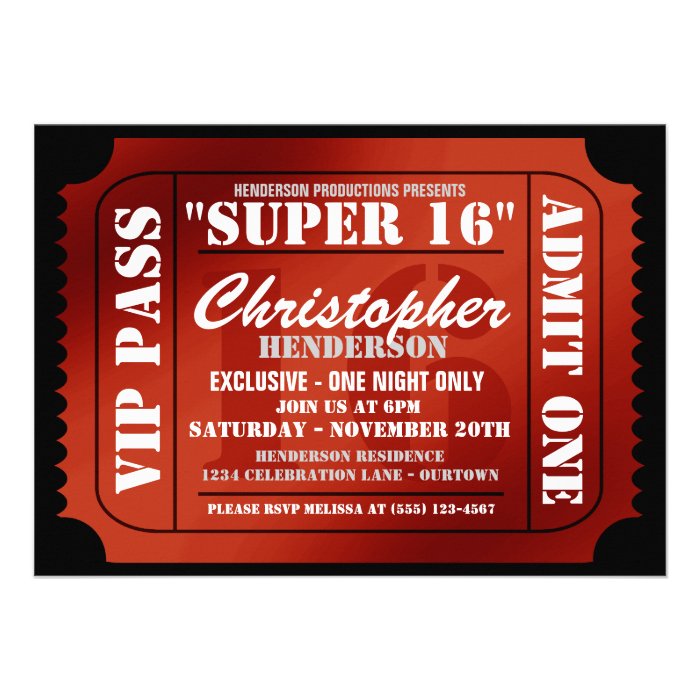 Super 16 VIP Ticket Style Party Invitations