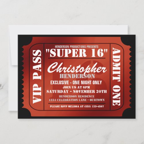 Super 16 VIP Ticket Style Party Invitations