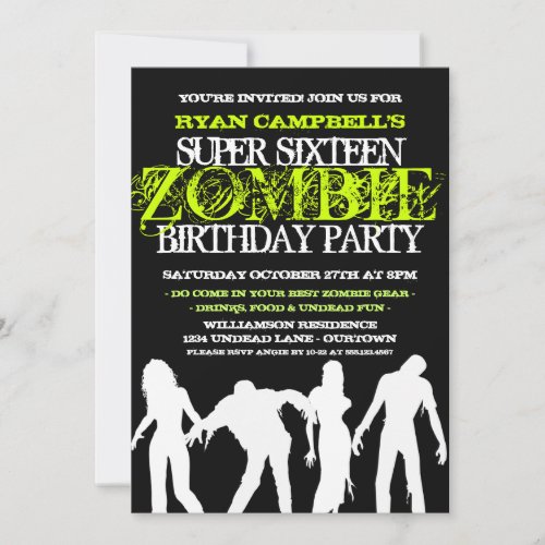 Super 16 Zombie Party Invitations