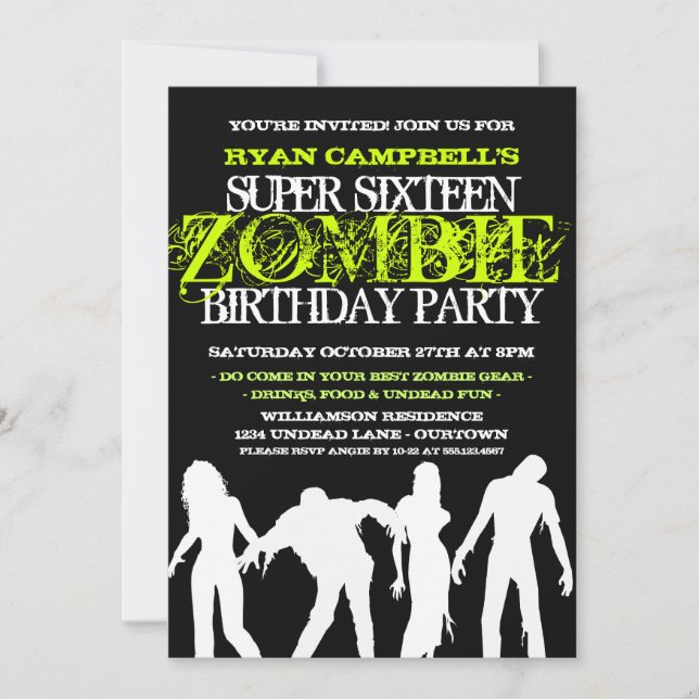 Super 16 Zombie Party Invitations (Front)