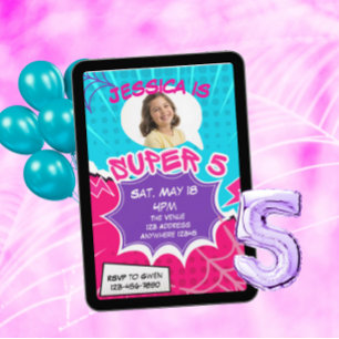 Super 5 Pink Purple Web Comic 5th Birthday  Invitation