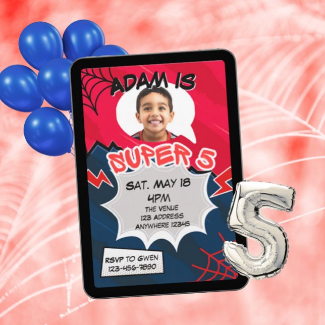 Super 5 Red Black Web Comic 5th Birthday  Invitation (Creator Uploaded)