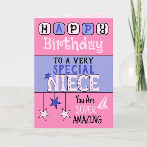 Super amazing niece pink and purple birthday card