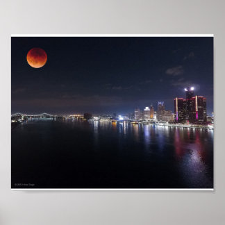 Super Blood Wolf Moon over drone photo of Detroit Poster
