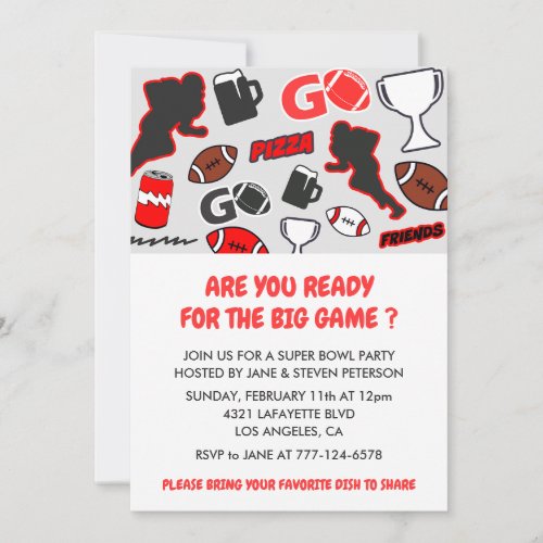 Super bowl invitation game day football party red