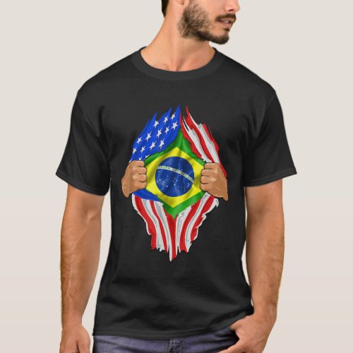 Super Brazilian Heritage Brazil Roots USA Flag T_Shirt