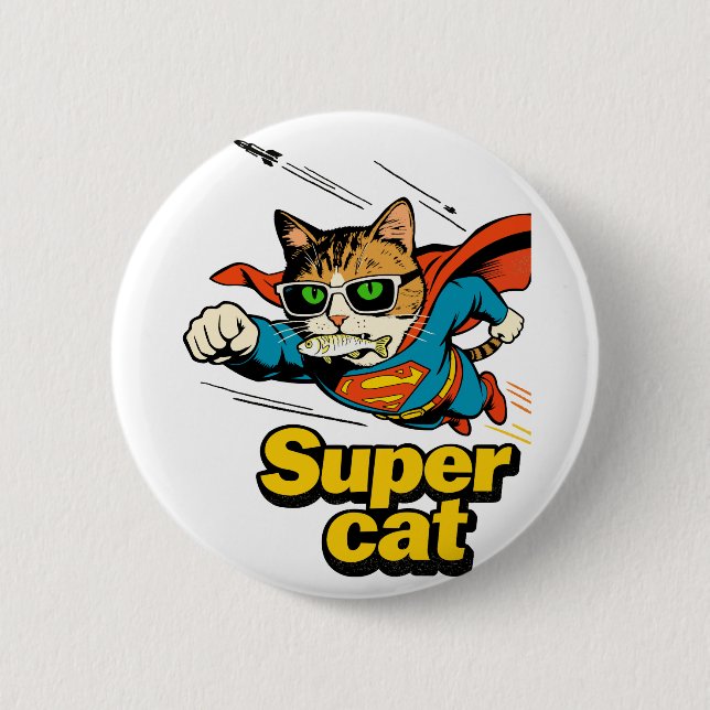 Super Cat Flying with Fish  Button (Front)