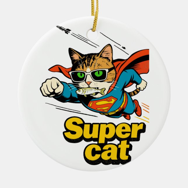 Super Cat Flying with Fish  Ceramic Ornament (Front)
