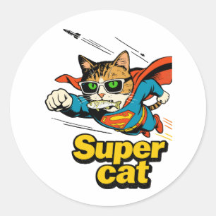 Super Cat Flying with Fish Classic Round Sticker