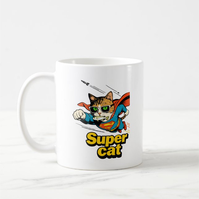 Super Cat Flying with Fish  Coffee Mug (Left)
