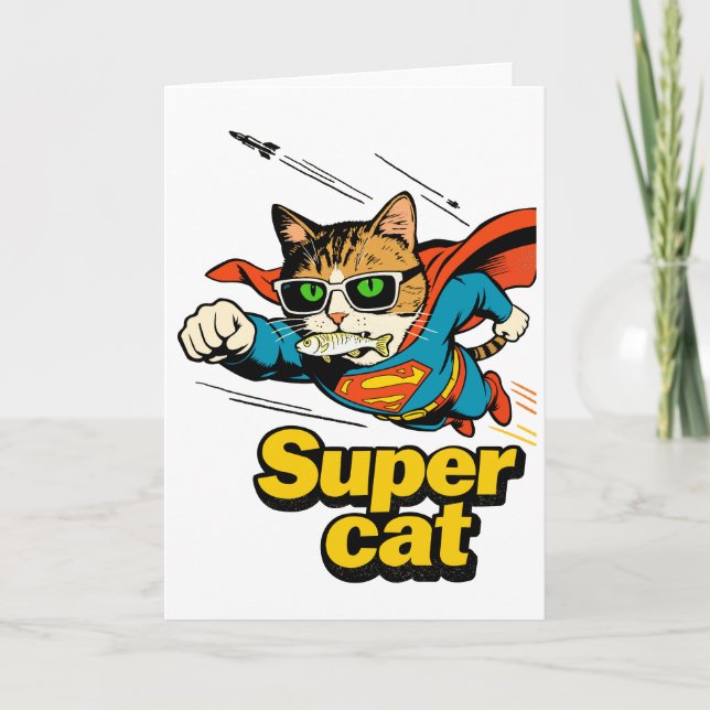 Super Cat Flying with Fish  Holiday Card (Front)
