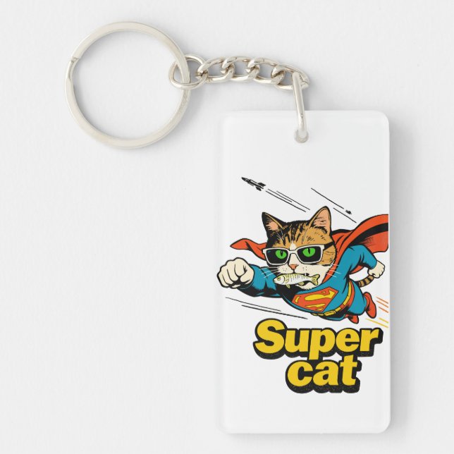 Super Cat Flying with Fish  Keychain (Front)
