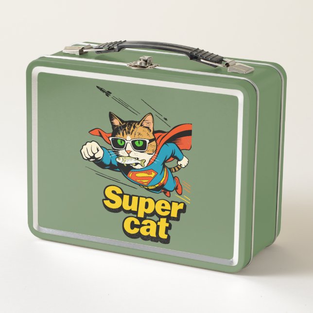 Super Cat Flying with Fish  Metal Lunch Box (Front)