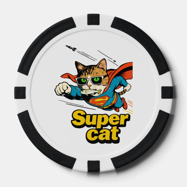 Super Cat Flying with Fish  Poker Chips (Front)