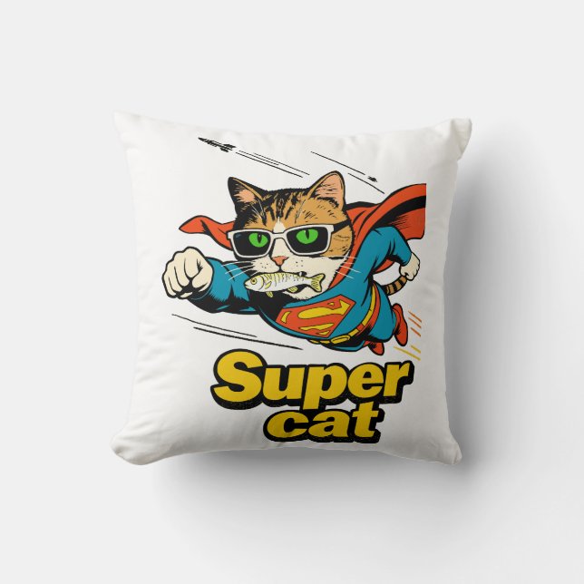 Super Cat Flying with Fish  Throw Pillow (Front)