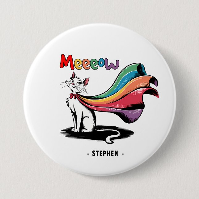 Super Cat Meeeow – Rainbow Cape Pride Cat Button (Front)