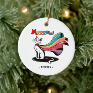 Super Cat Meeeow – Rainbow Cape Pride Cat Ceramic Ornament