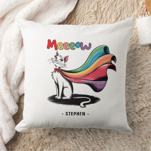 Super Cat Meeeow – Rainbow Cape Pride Cat Throw Pillow