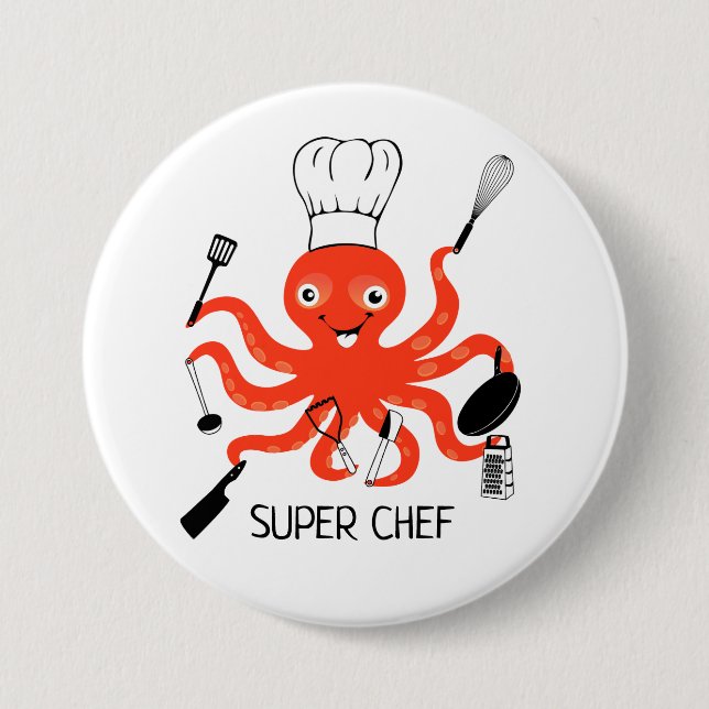 Super Chef Orange Octopus with Kitchen Gadgets Button (Front)