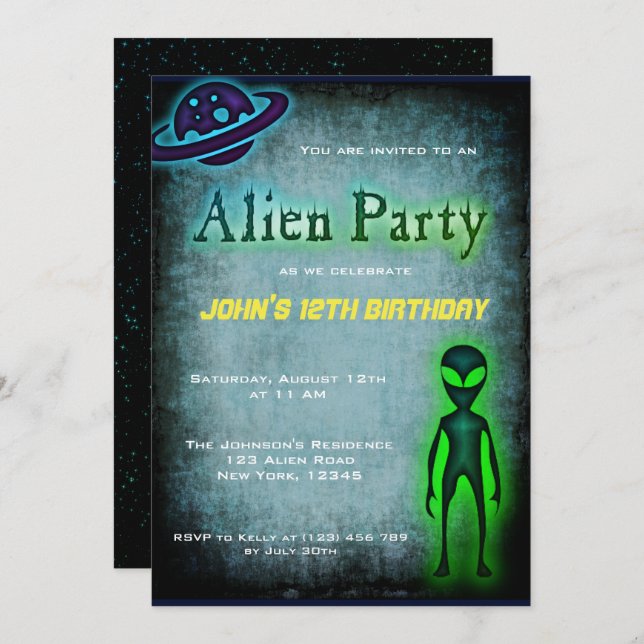 Super Cool Alien Birthday Party Invite (Front/Back)