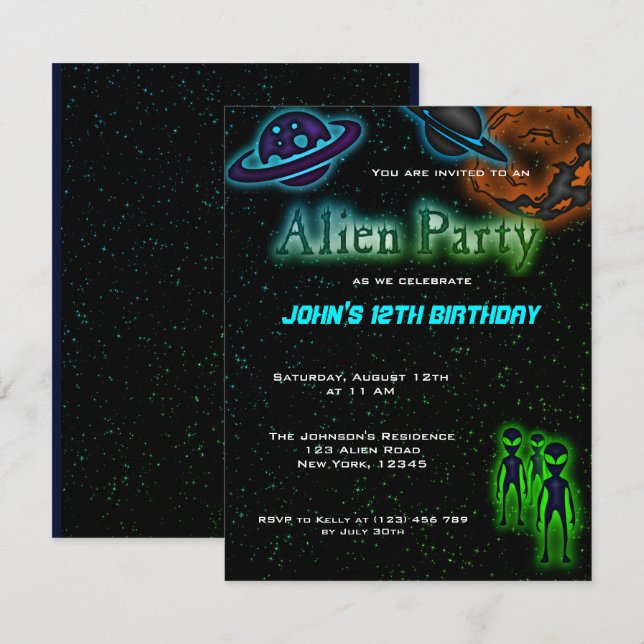 Super Cool Alien Birthday Party Invite (Front/Back)