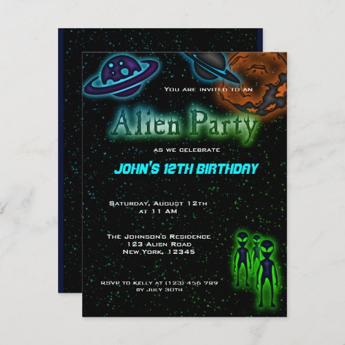 Super Cool Alien Birthday Party Invite