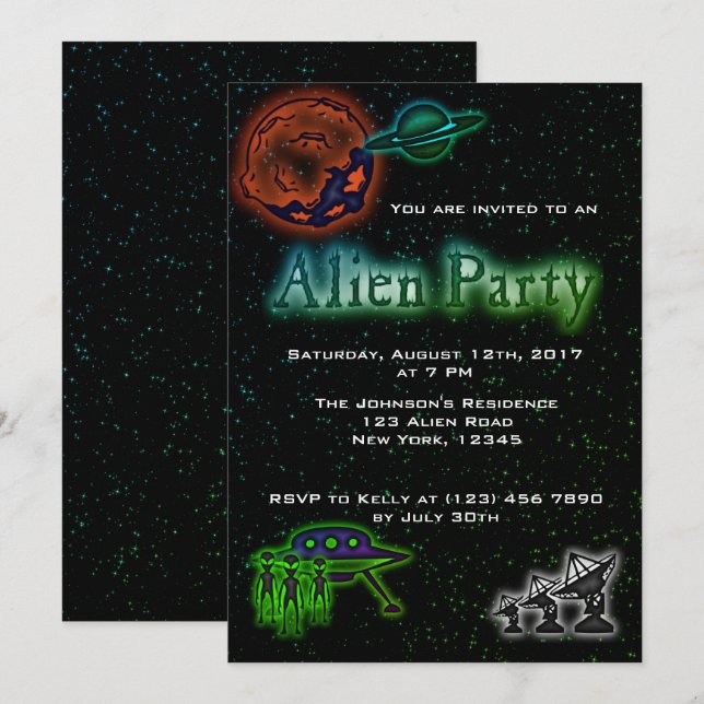 Super Cool Alien & UFO Party Invite (Front/Back)
