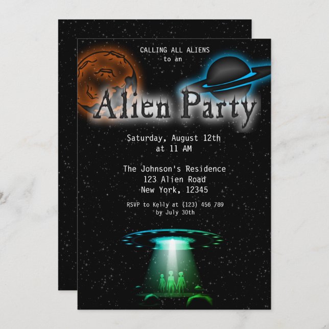 Super Cool Alien & UFO Party Invite (Front/Back)