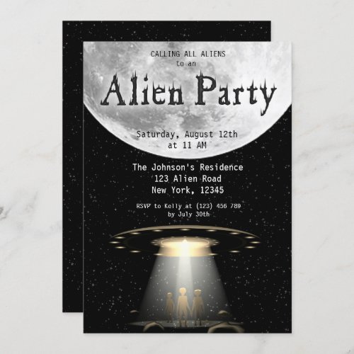 Super Cool Black  White Alien  UFO Party Invite