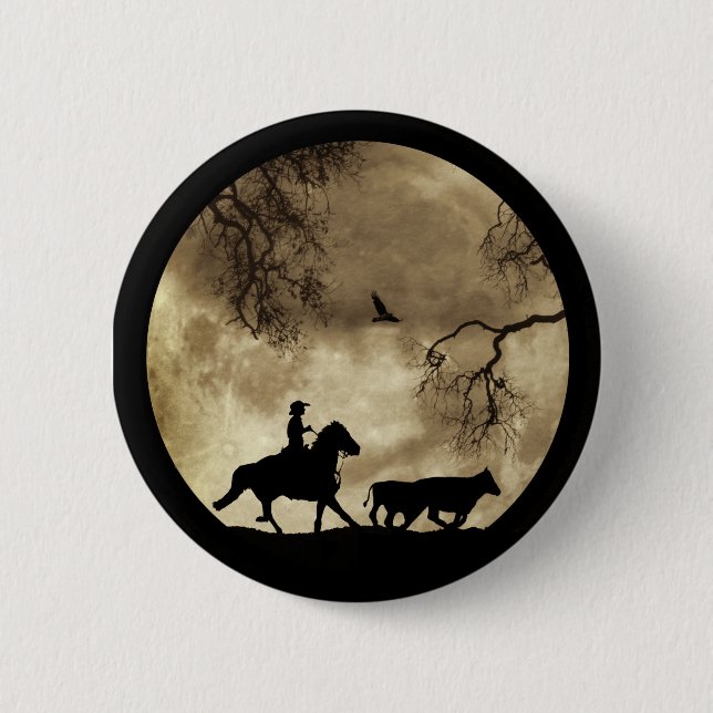 Super Cool Cowboy and Cattle With Moon Button (Front)