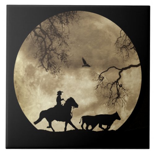 Super Cool Cowboy and Steers in Full Moon Ceramic Tile