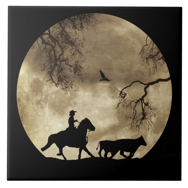 Super Cool Cowboy and Steers in Full Moon Ceramic Tile (Front)