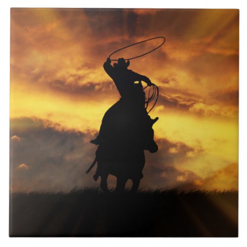 Super Cool Cowboy Steer Roping with Sunset Ceramic Tile