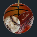 Super Cool Vintage Personalized Sports Ornaments<br><div class="desc">Cool Vintage designed Personalized Sports Ornaments with Your Name and Number or YOUR TEXT or Delete it. Vintage Basketball, Baseball and Football Ornaments Personalized by you. Just type in your text into the text box template to your right beneath the "Edit this design template". It will appear on both the...</div>
