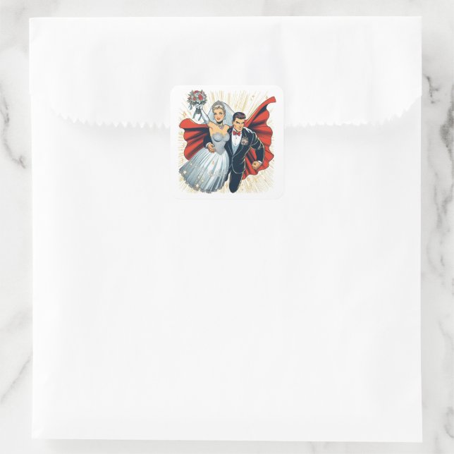 Super Couple Wedding Square Sticker (Bag)